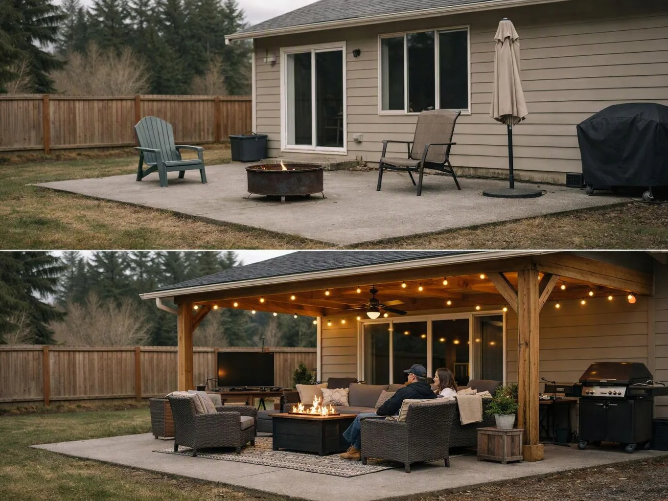 A before-and-after backyard patio shows simple chairs and a fire pit