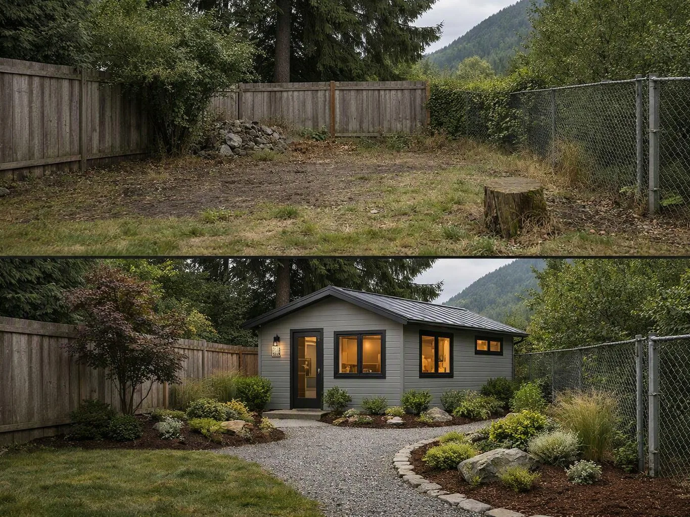A before-and-after backyard shows an empty yard above and a small lit gray cottage with gravel paths and shrubs below