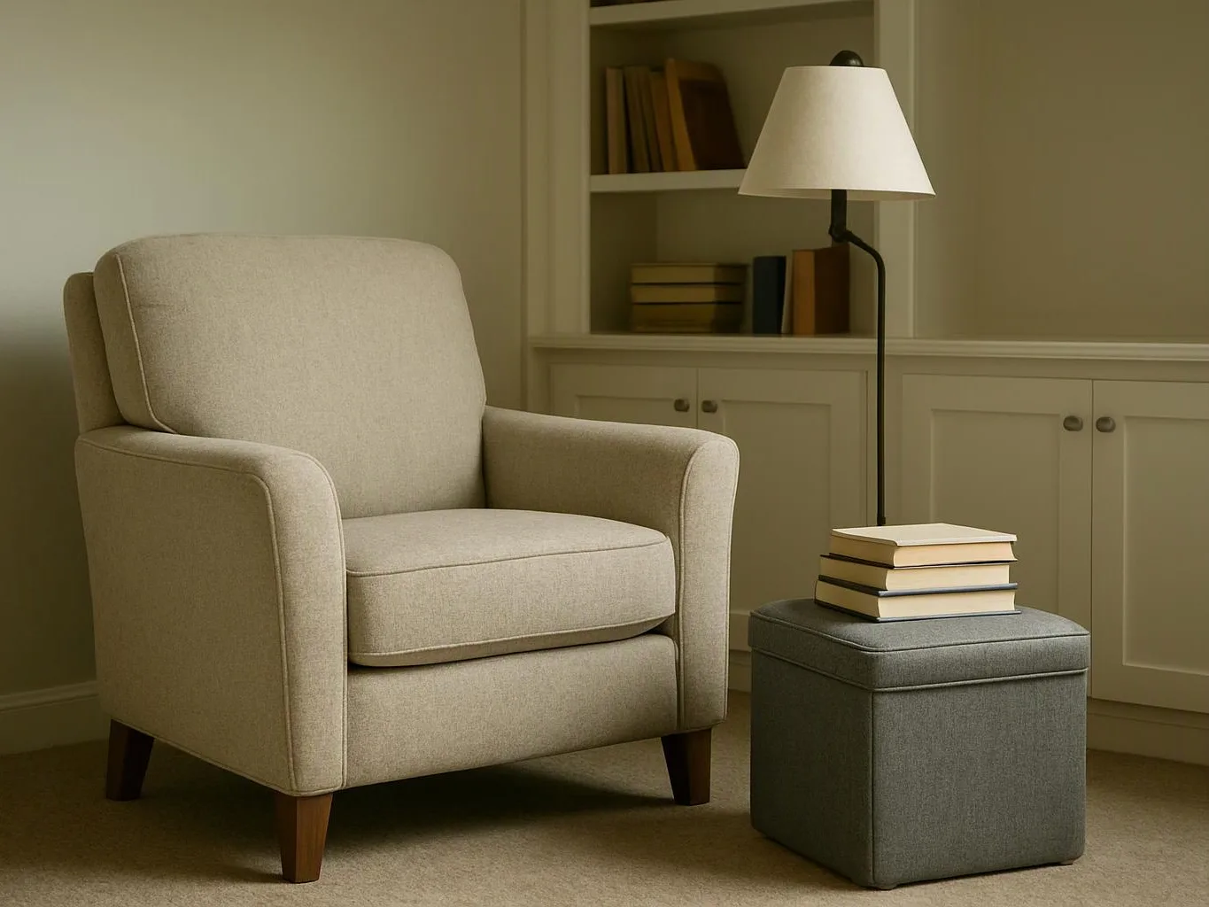 A beige armchair sits beside a gray ottoman, with a floor lamp and books in a quiet room