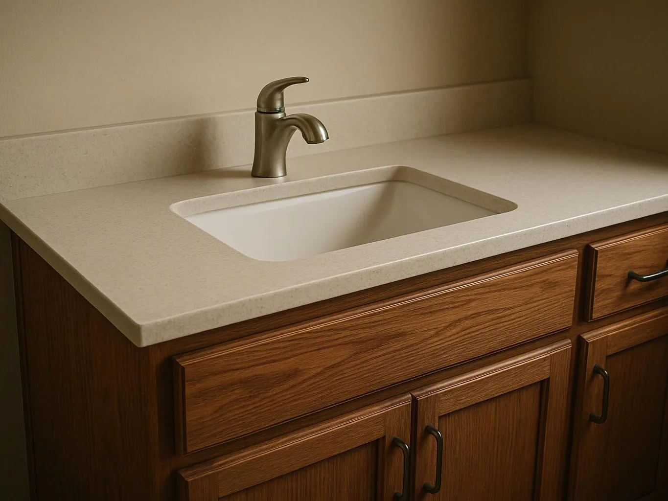 A beige bathroom sink sits in a wood vanity with a brushed metal faucet and countertop