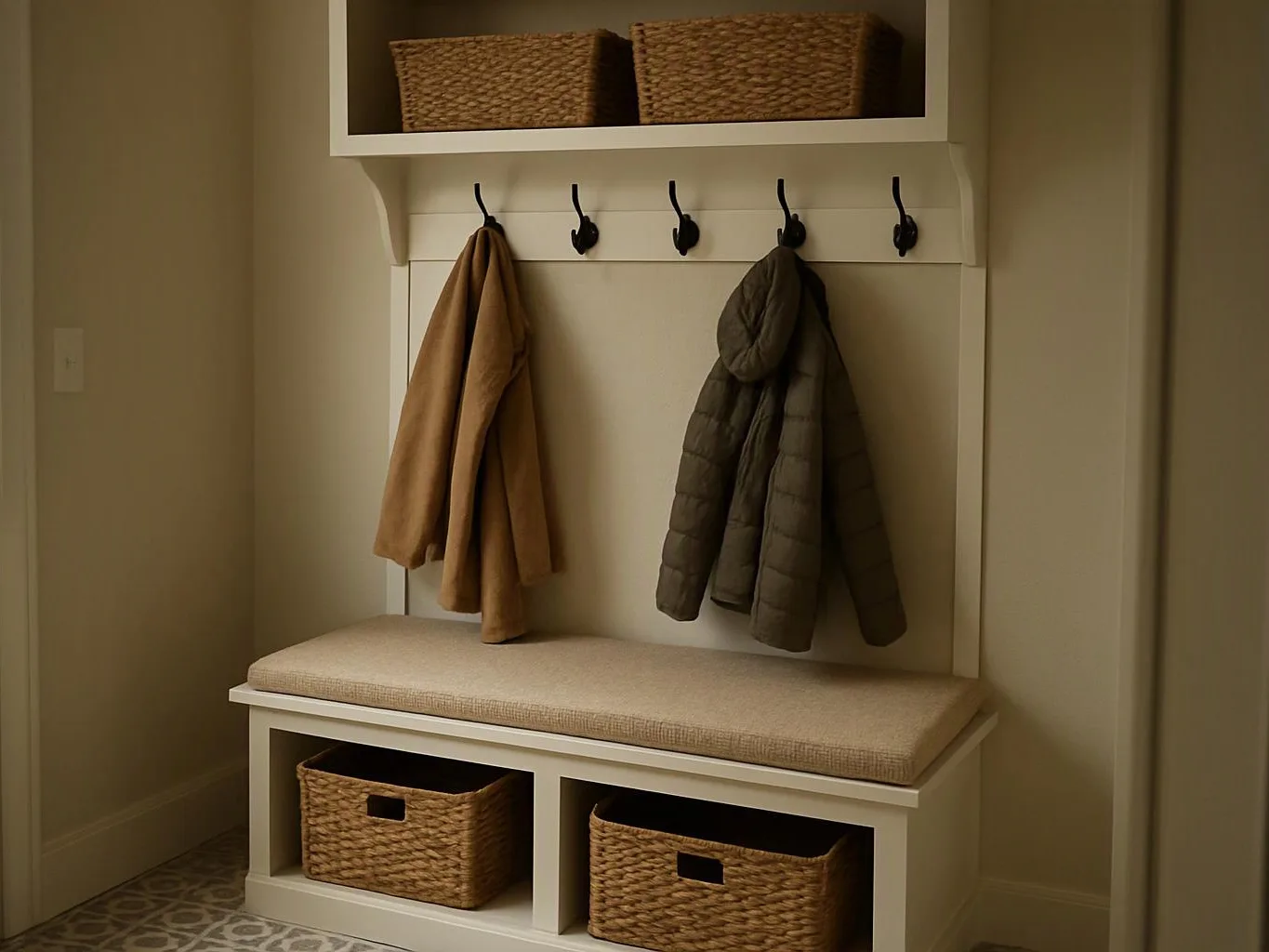 A beige entry bench with hooks holds two coats and woven baskets in a small hallway