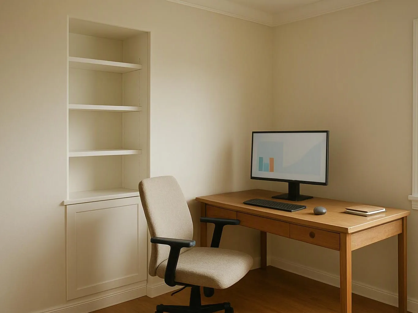 A beige home office shows a wooden desk, computer monitor, chair, and empty built-in shelves