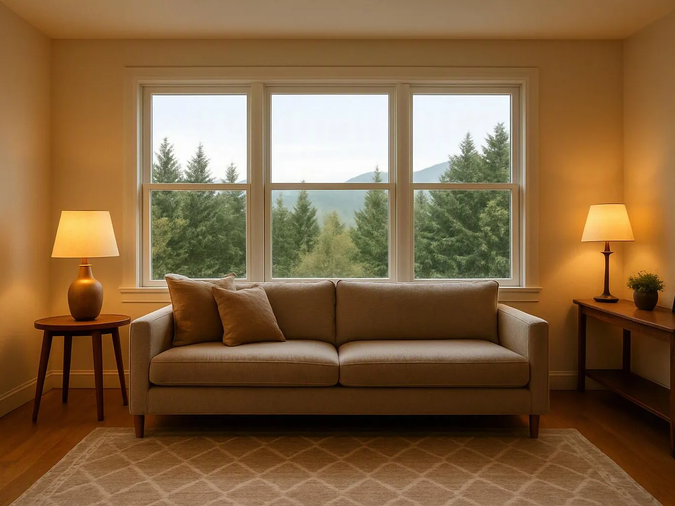 A beige sofa sits between two lit lamps, facing a large window with trees and mountains outside