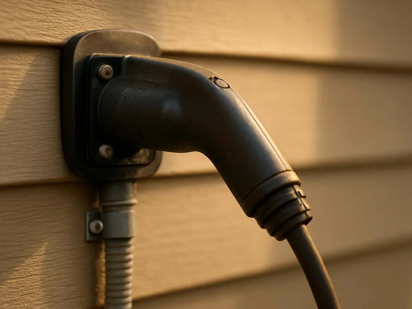 Black charging plug mounted on beige siding, with a cable hanging downward in warm sunlight