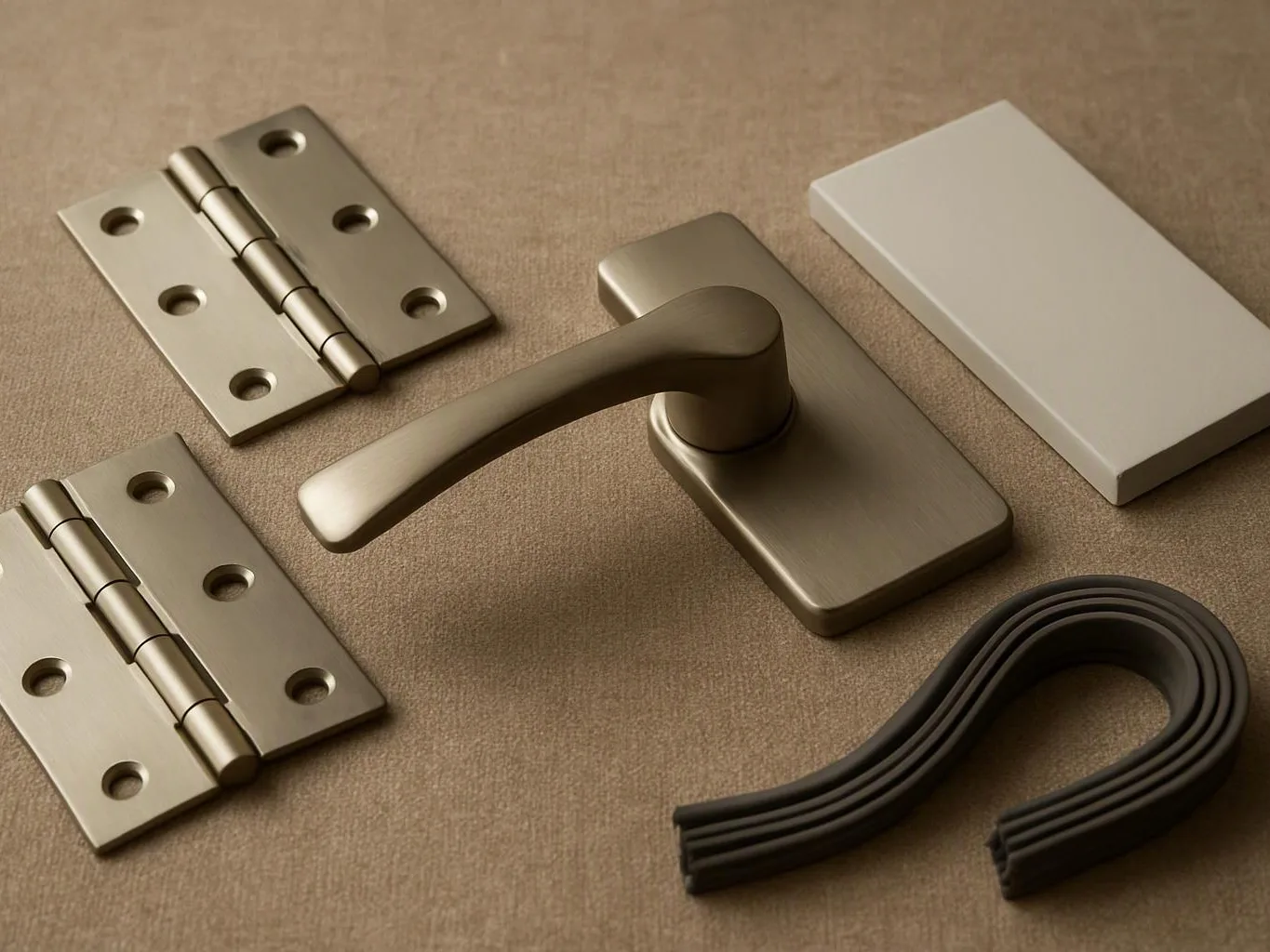 A brass door handle sits beside two hinges, a white plate, and black weatherstripping on a tan surface