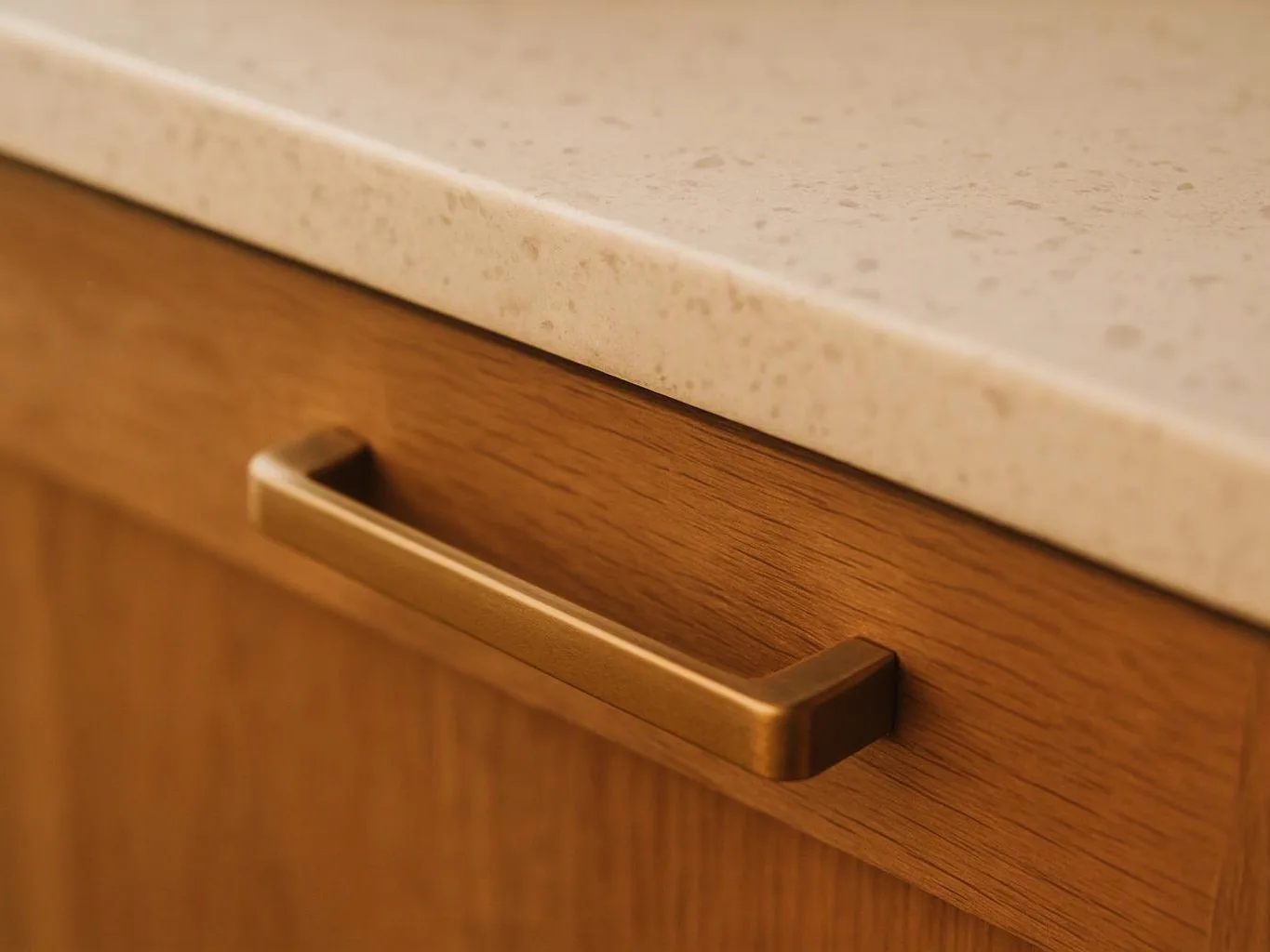A brass handle sits on a wooden cabinet below a speckled stone countertop
