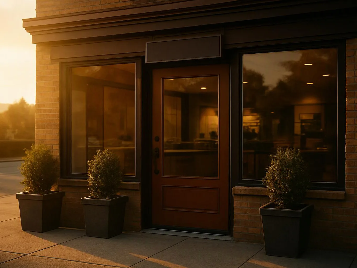 A brick storefront entrance with dark windows, a wooden door, and three potted shrubs in warm evening light