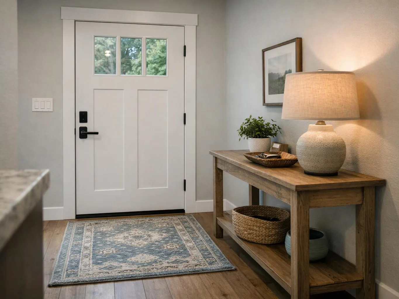 A bright entryway shows a white front door, patterned rug, wood table, and lit lamp