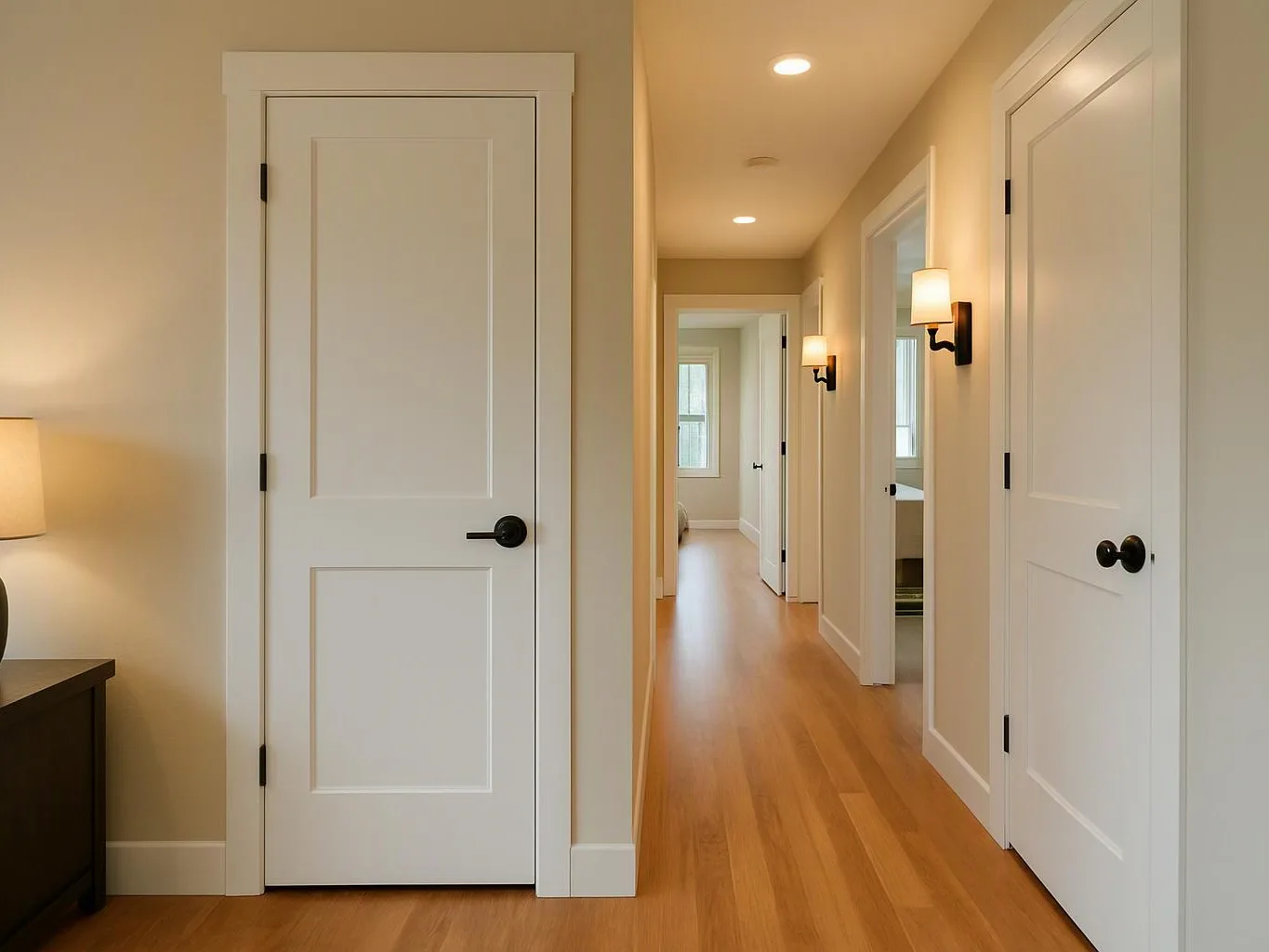 A bright hallway with white doors, wall sconces, and wood floors leads toward a window in the distance