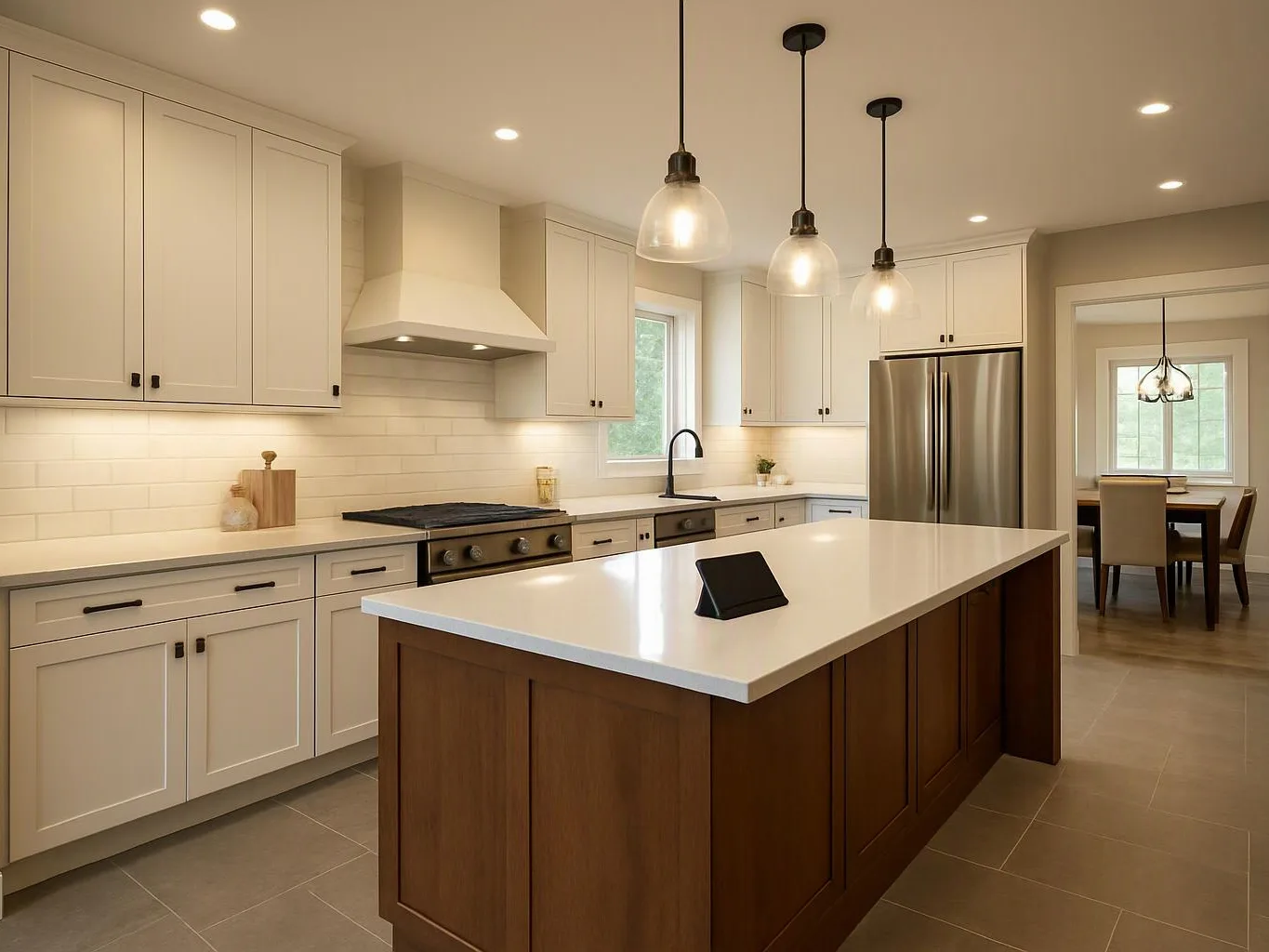 A bright modern kitchen with white cabinets, a wood island, pendant lights, and stainless steel appliances