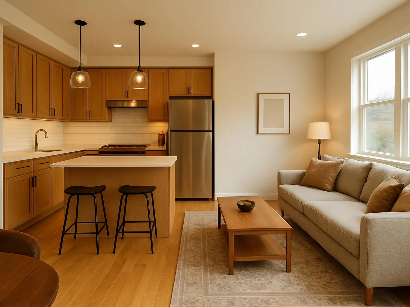 A bright open-plan apartment shows a kitchen, sofa, coffee table, and two stools under pendant lights