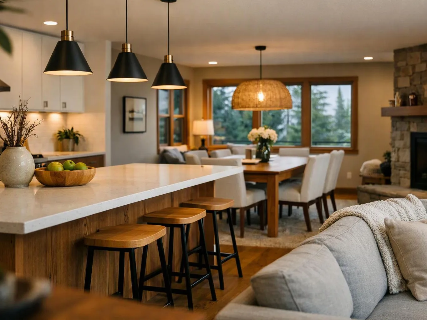 A bright open-plan kitchen and living room shows a marble island, stools, dining table, and cozy seating area