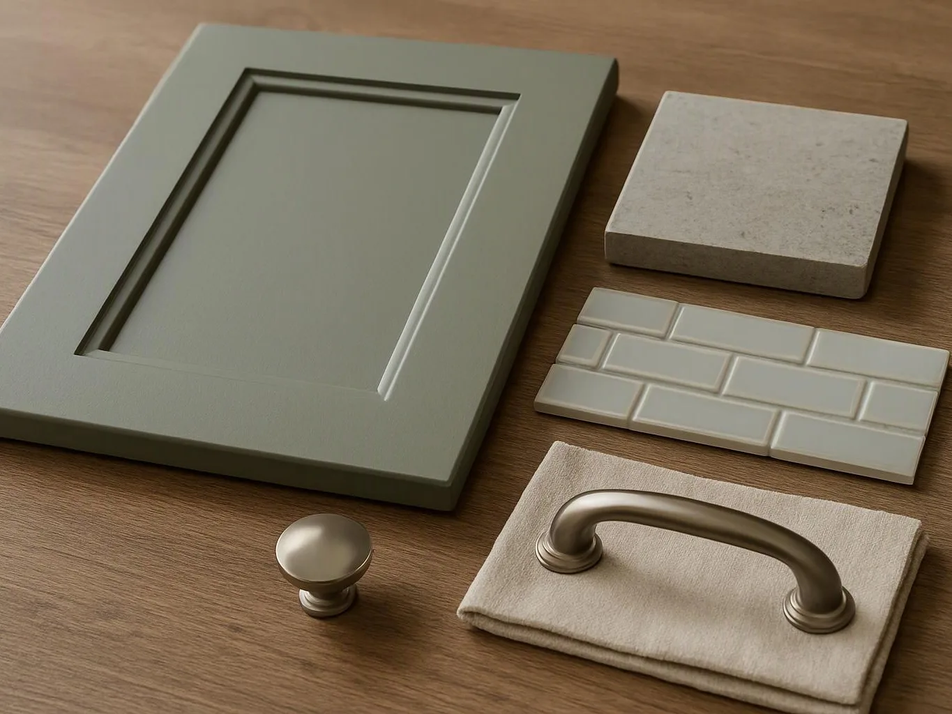 Cabinet door samples, tile swatches, and two metal handles are arranged on a wooden table