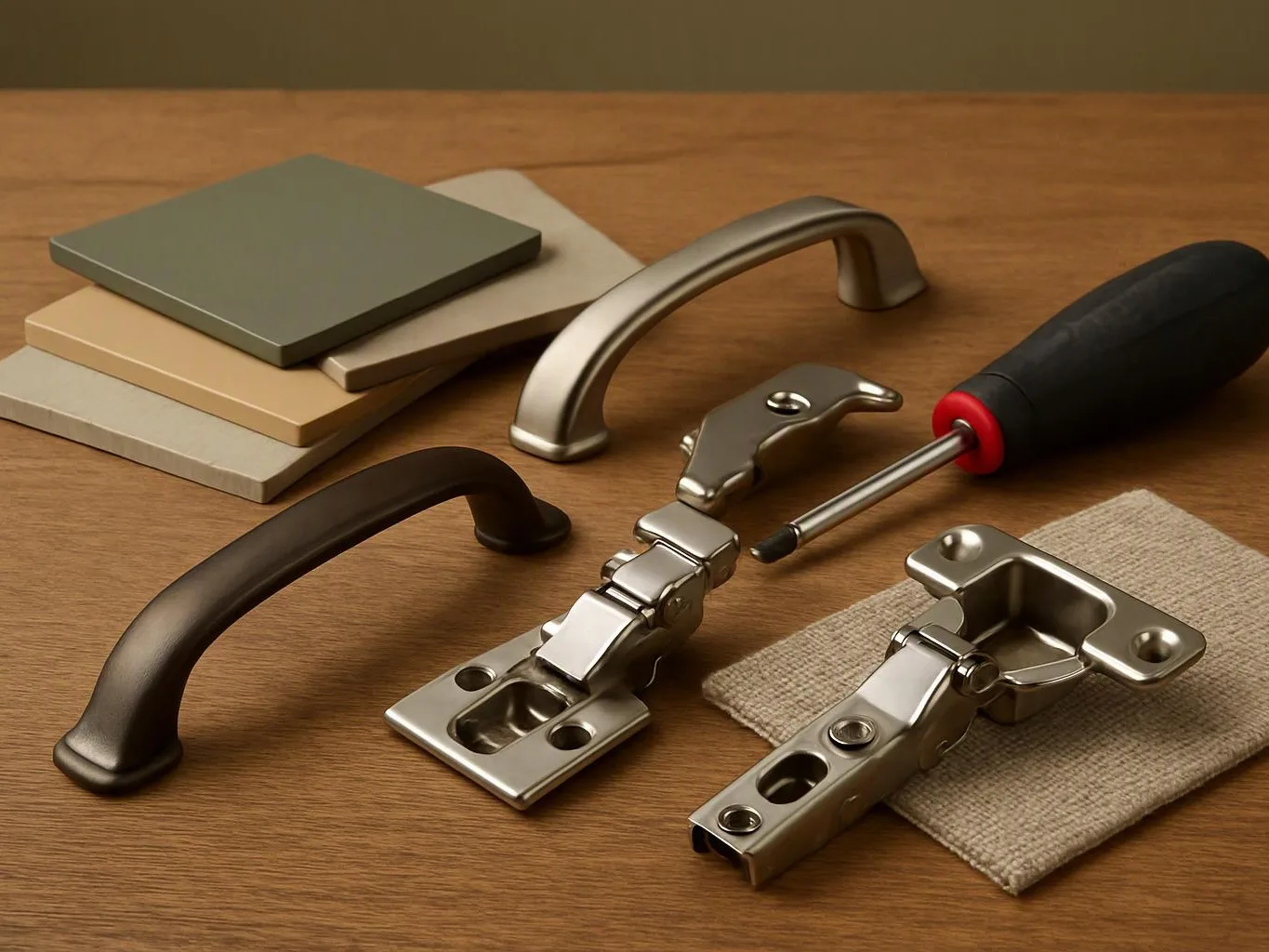 Cabinet hardware and color samples are arranged on a wooden table, with a screwdriver beside them