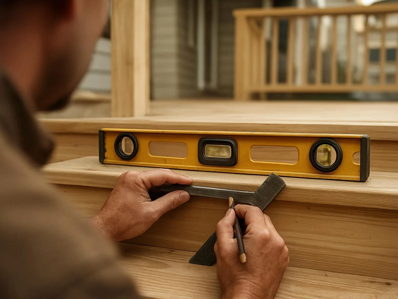 A carpenter marks a wooden step with a square and pencil, with a spirit level resting above it