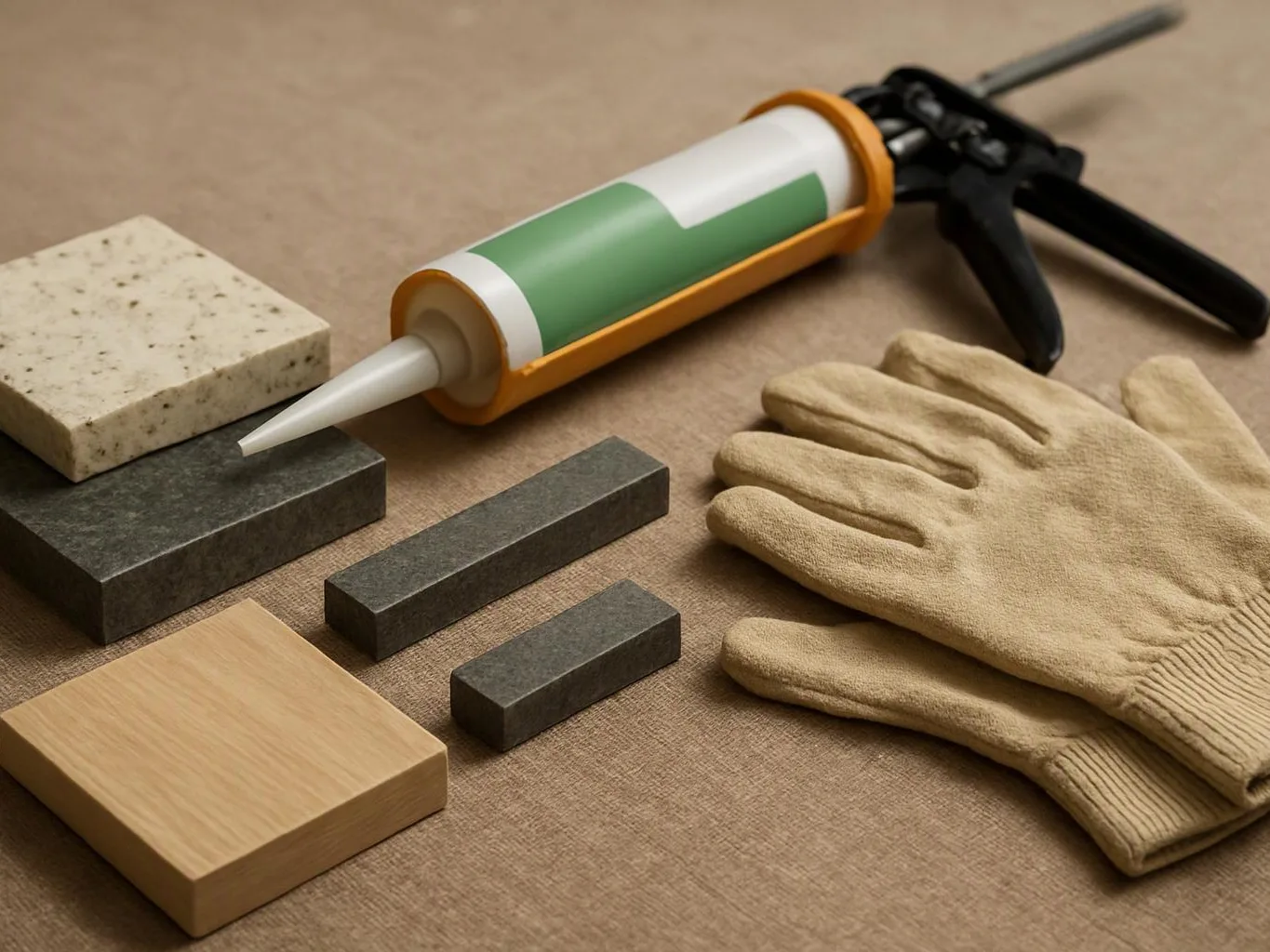 Caulking gun, gloves, and sample blocks are arranged on a brown work surface