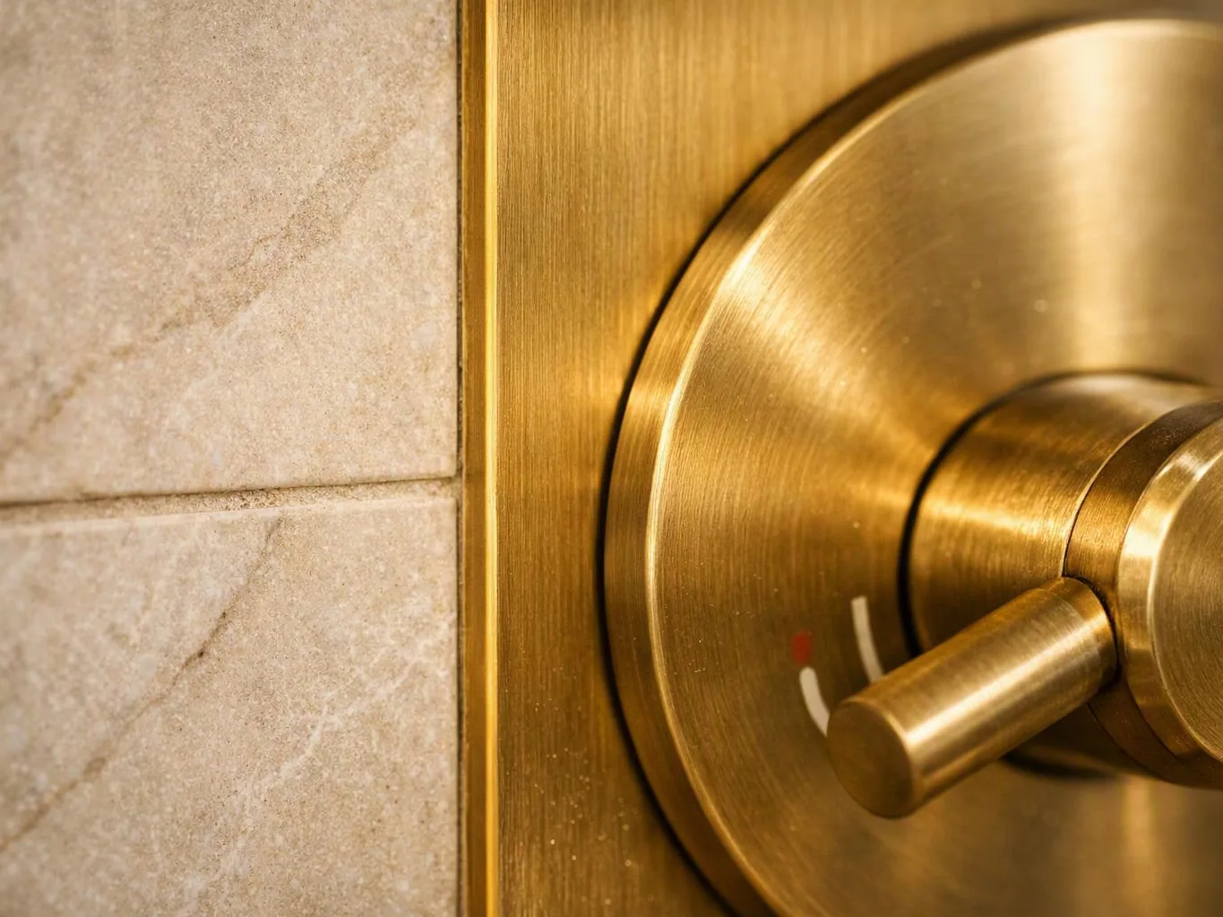 Close-up of a brass shower control knob beside beige tiled wall tiles