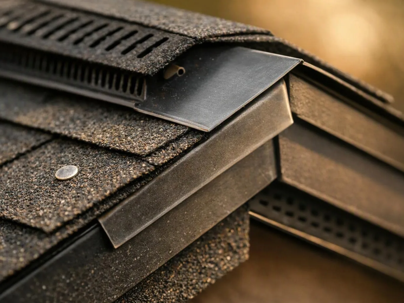 Close-up of layered roof shingles, metal flashing, and a vent against a warm blurred background