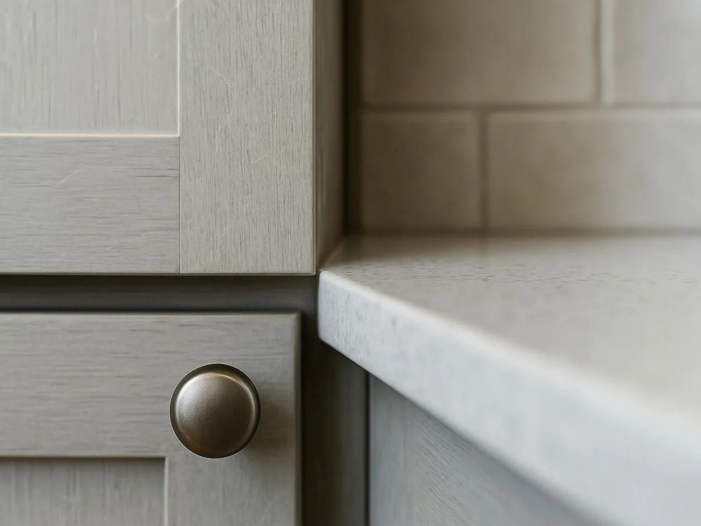 Close-up of a light wood cabinet knob beside a pale countertop and tiled backsplash