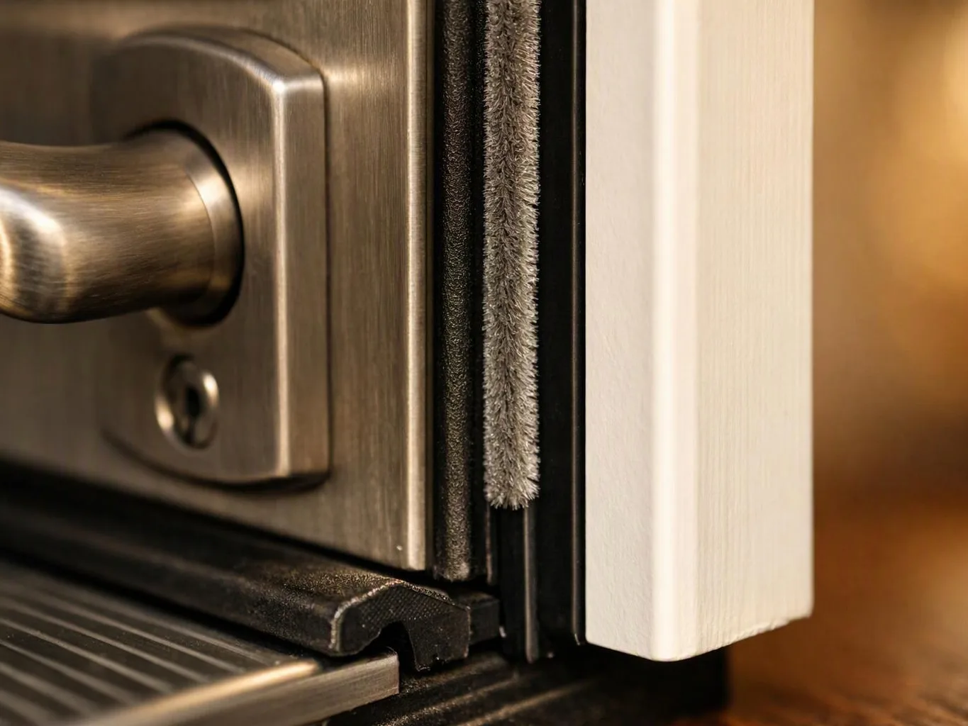 Close-up of a metal door latch, rubber weather stripping, and white door frame at the edge of a doorway