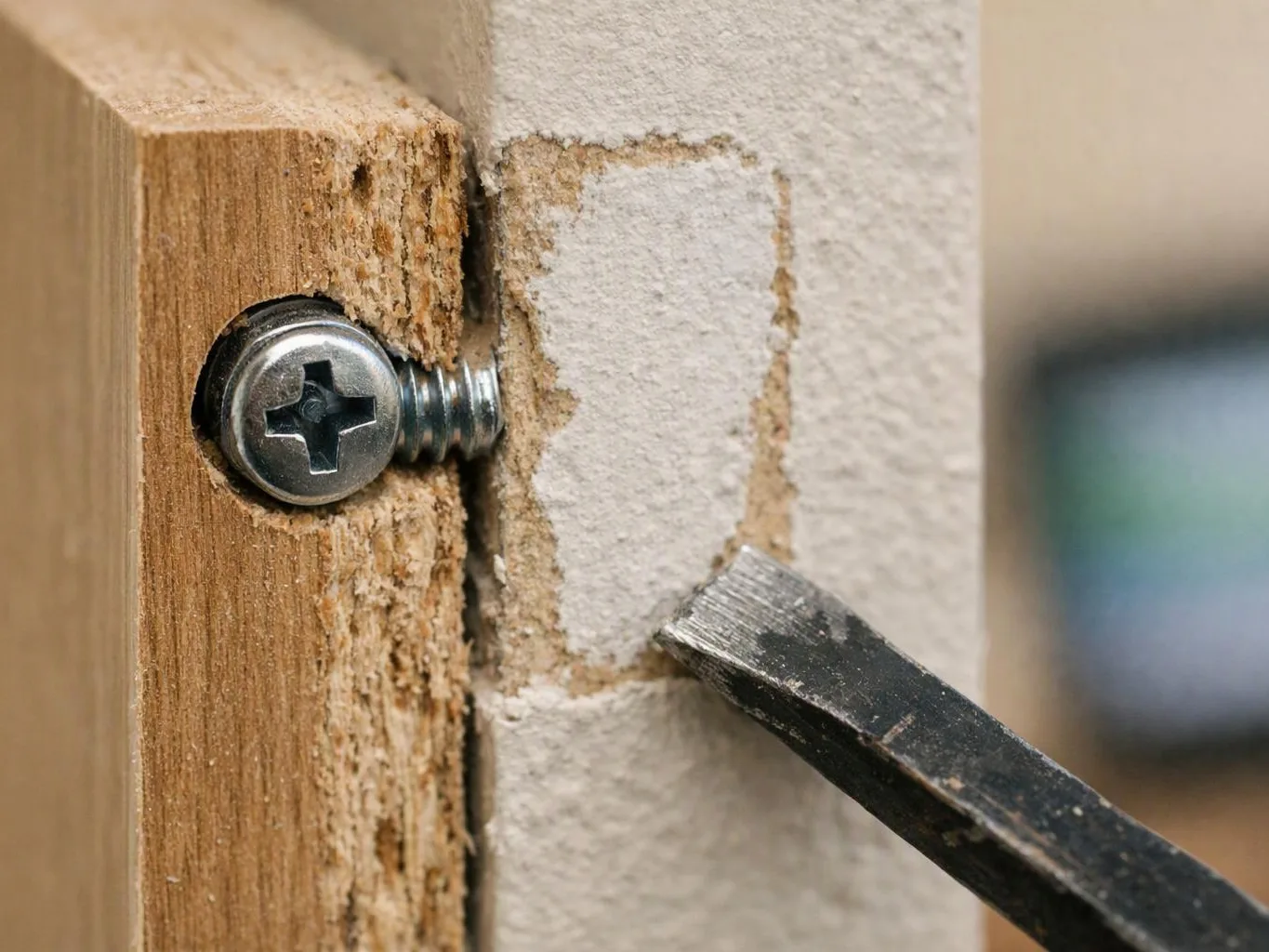 Close-up of a screwdriver prying a metal screw from a damaged wooden board beside a wall cavity