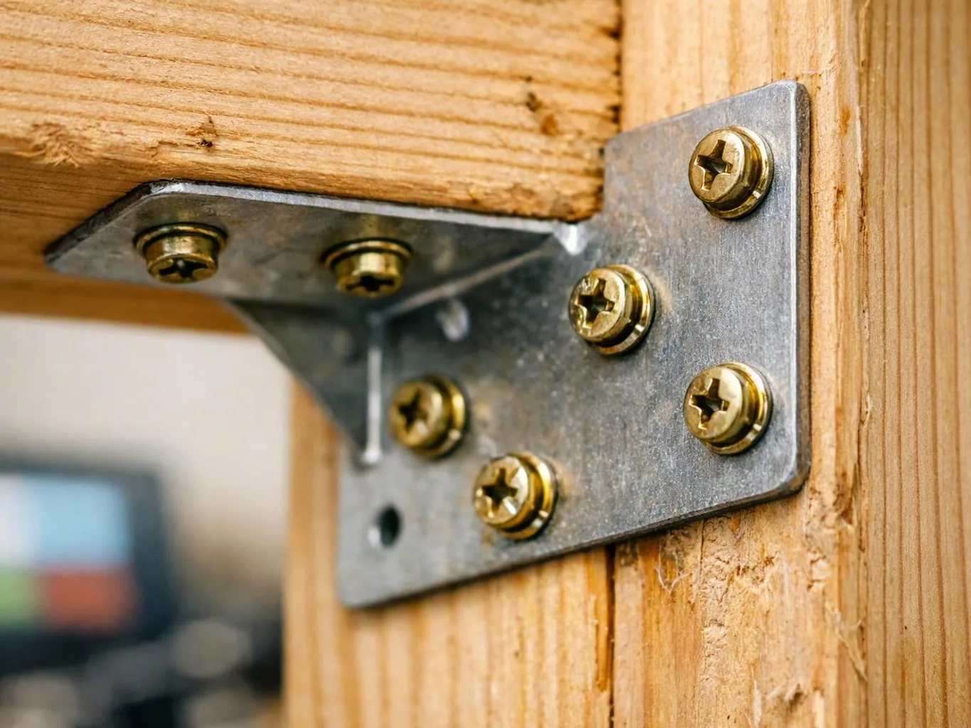 A close-up shows a metal corner bracket secured with gold screws on a wooden beam