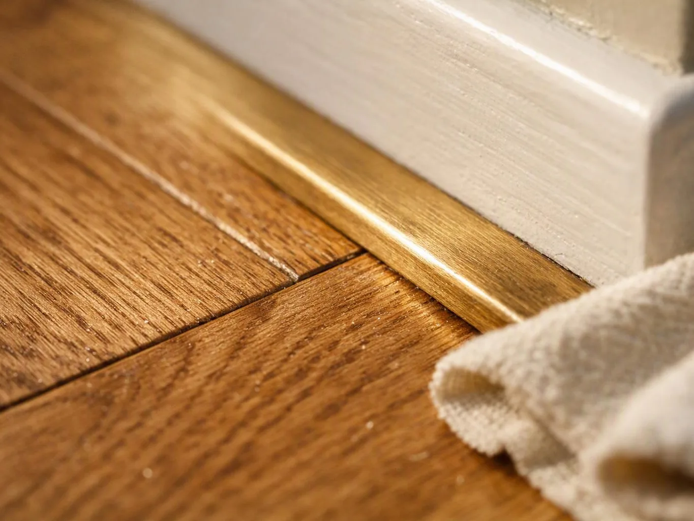 A close-up shows a white baseboard and gold trim meeting a wooden floor beside a crumpled cloth