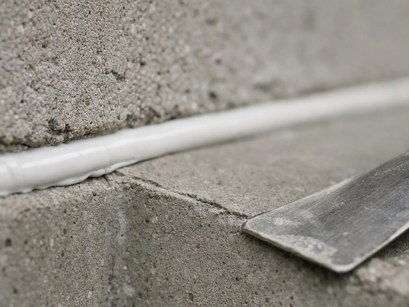 Close-up of a trowel smoothing white sealant along a crack in a concrete wall