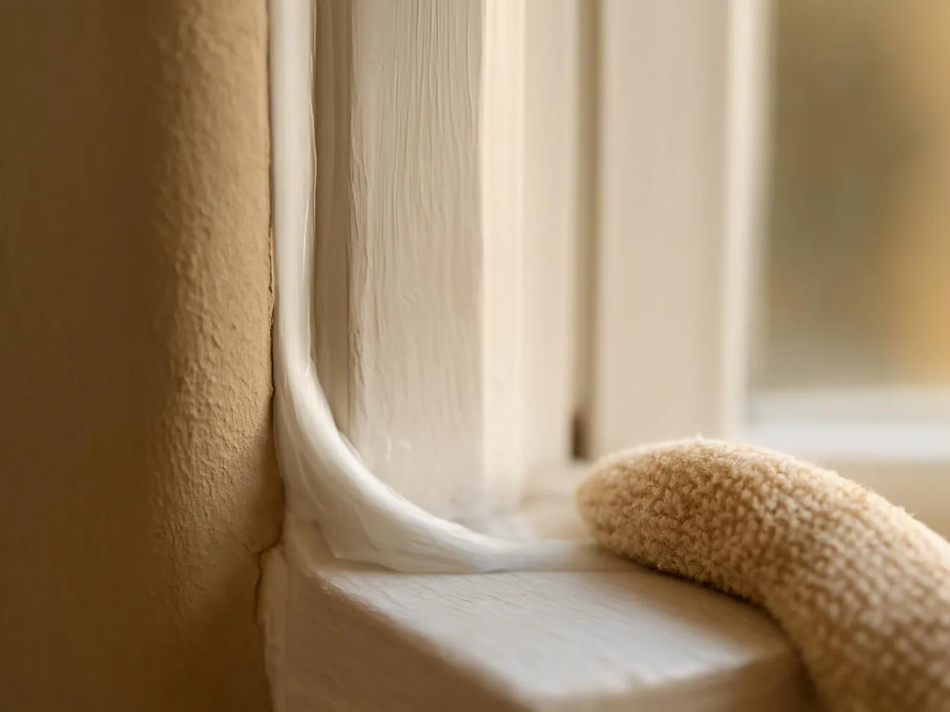 Close-up of white caulk sealing a window frame beside a tan textured wall and sill