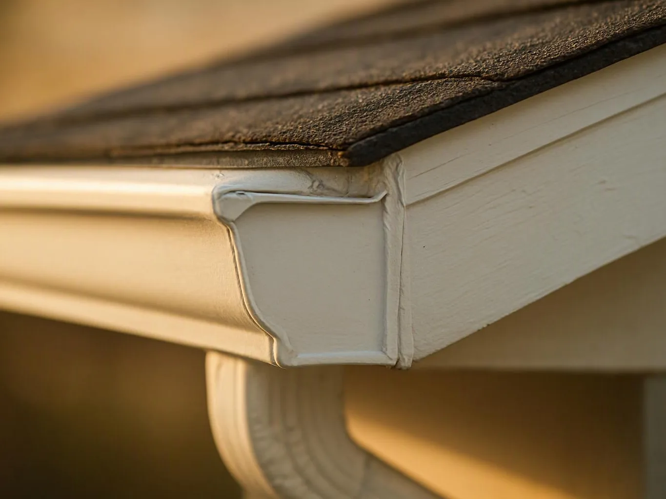 Close-up of a white house gutter corner beneath a dark shingled roof in warm sunlight