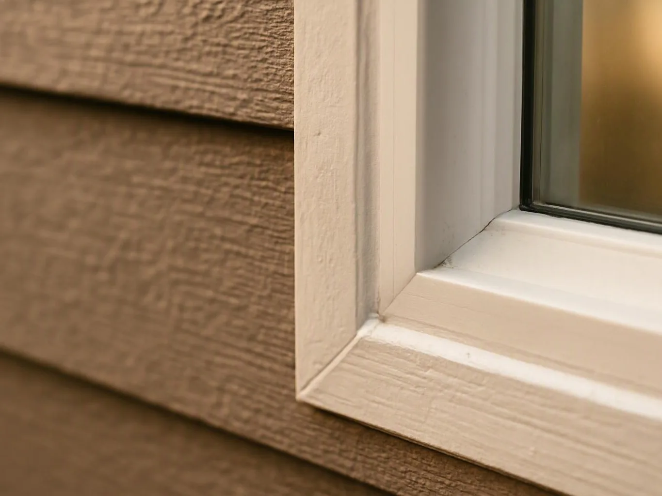 Close-up of a white window frame beside brown wood siding on a house