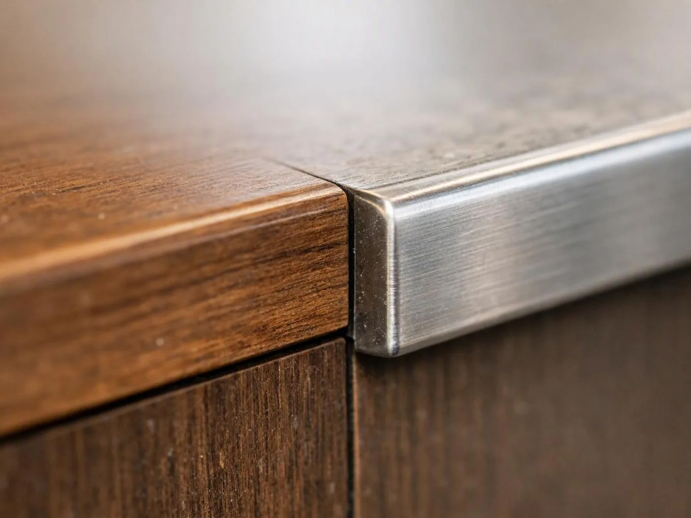 Close-up of a wooden cabinet corner with a brushed metal edge trim and blurred background
