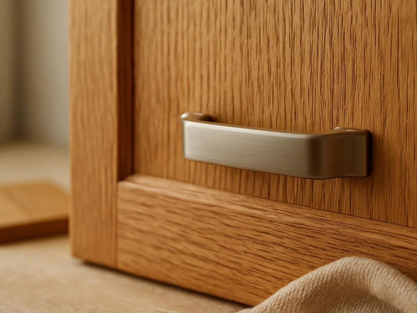 Close-up of a wooden cabinet door with a brushed metal handle on a beige surface