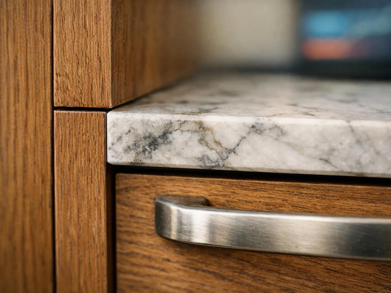 Close-up of a wooden cabinet drawer with a marble countertop and brushed metal handle