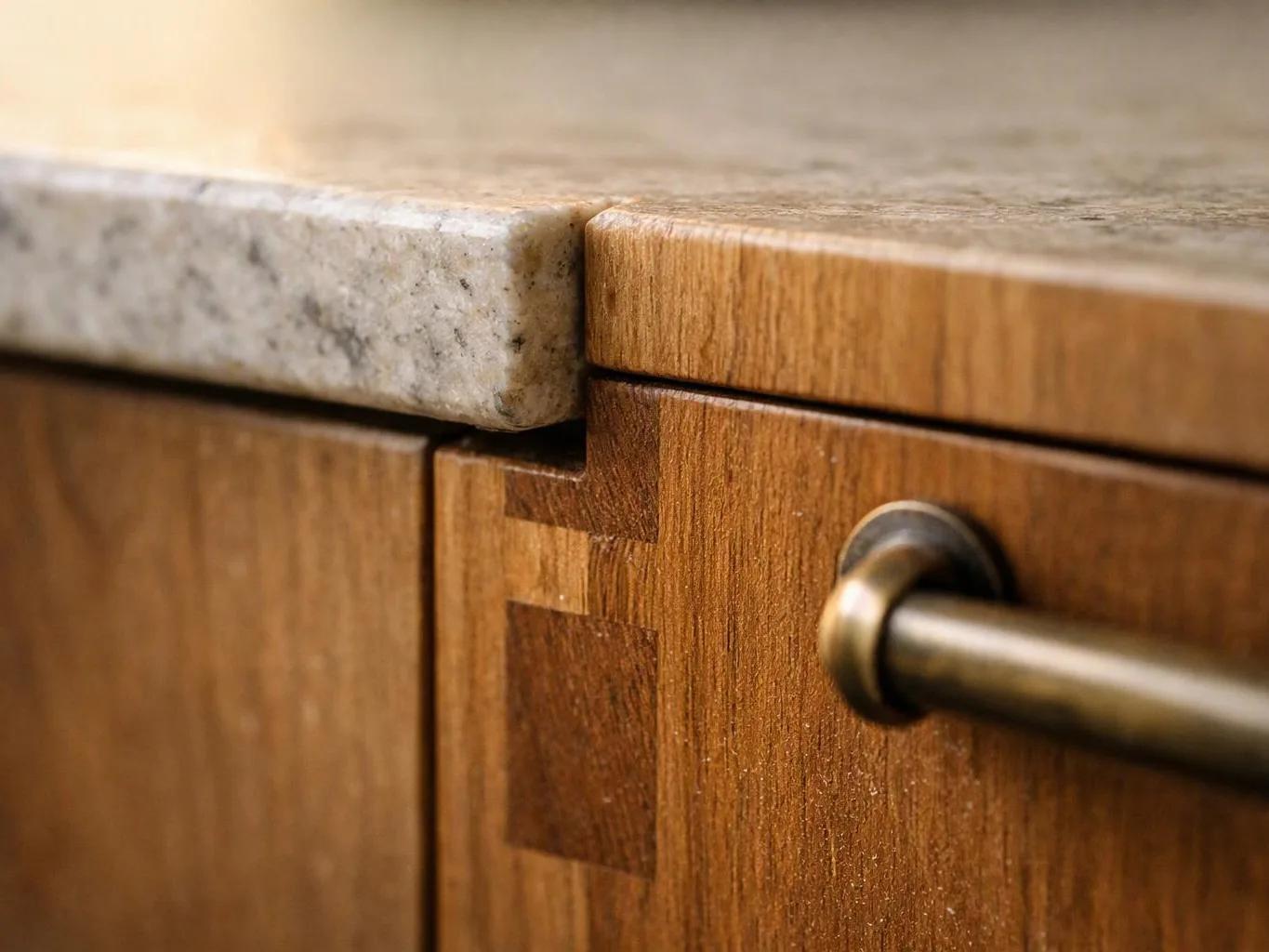 Close-up of a wooden cabinet edge with a stone countertop and a metal handle