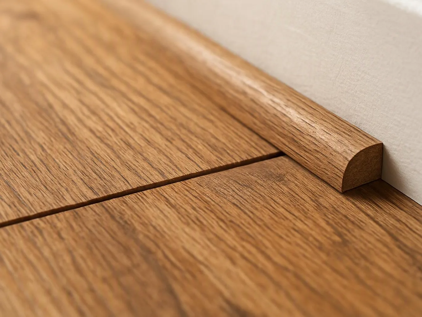 Close-up of a wooden floor meeting a white wall with a matching baseboard trim