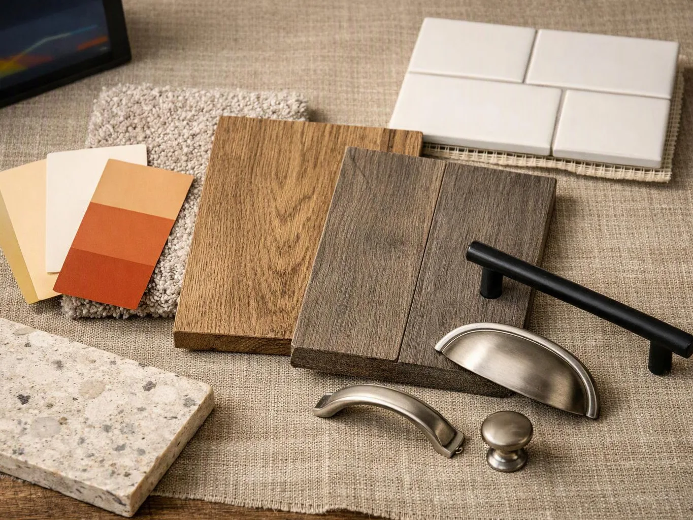 Color swatches, wood samples, tile pieces, and metal handles are arranged on a textured fabric surface