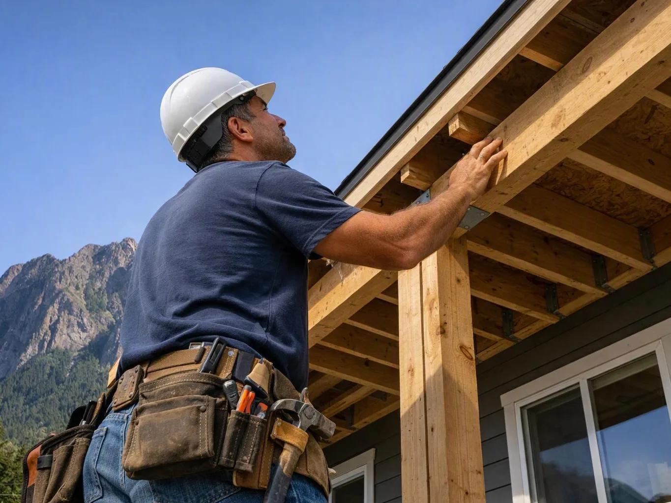 A construction worker in a hard hat inspects wooden framing on a house porch against a mountain backdrop