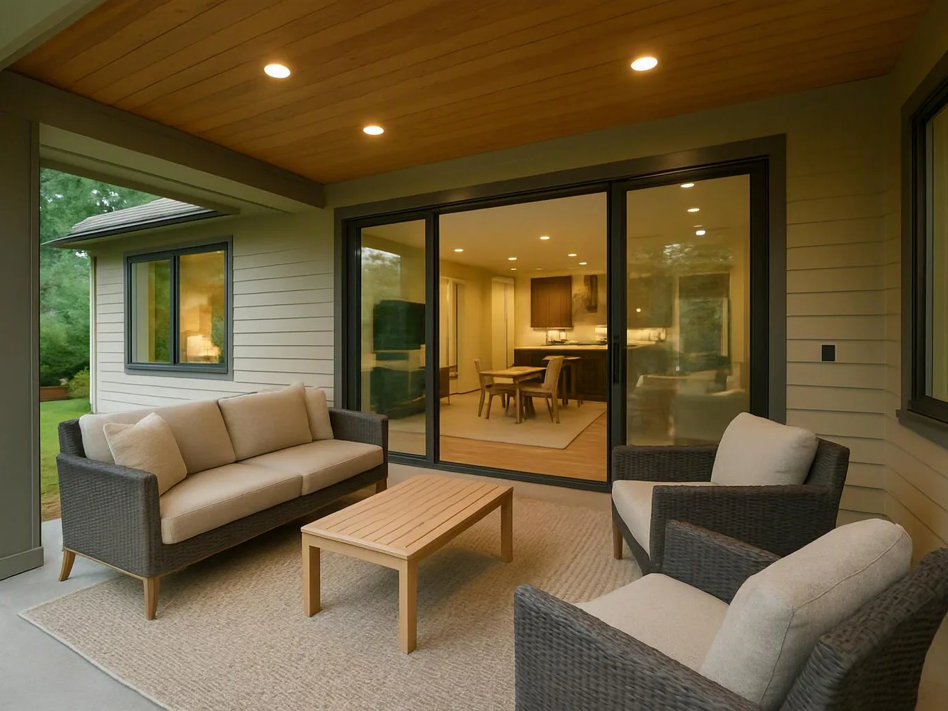 Covered patio with wicker seating and a small table facing sliding glass doors into a lit dining area