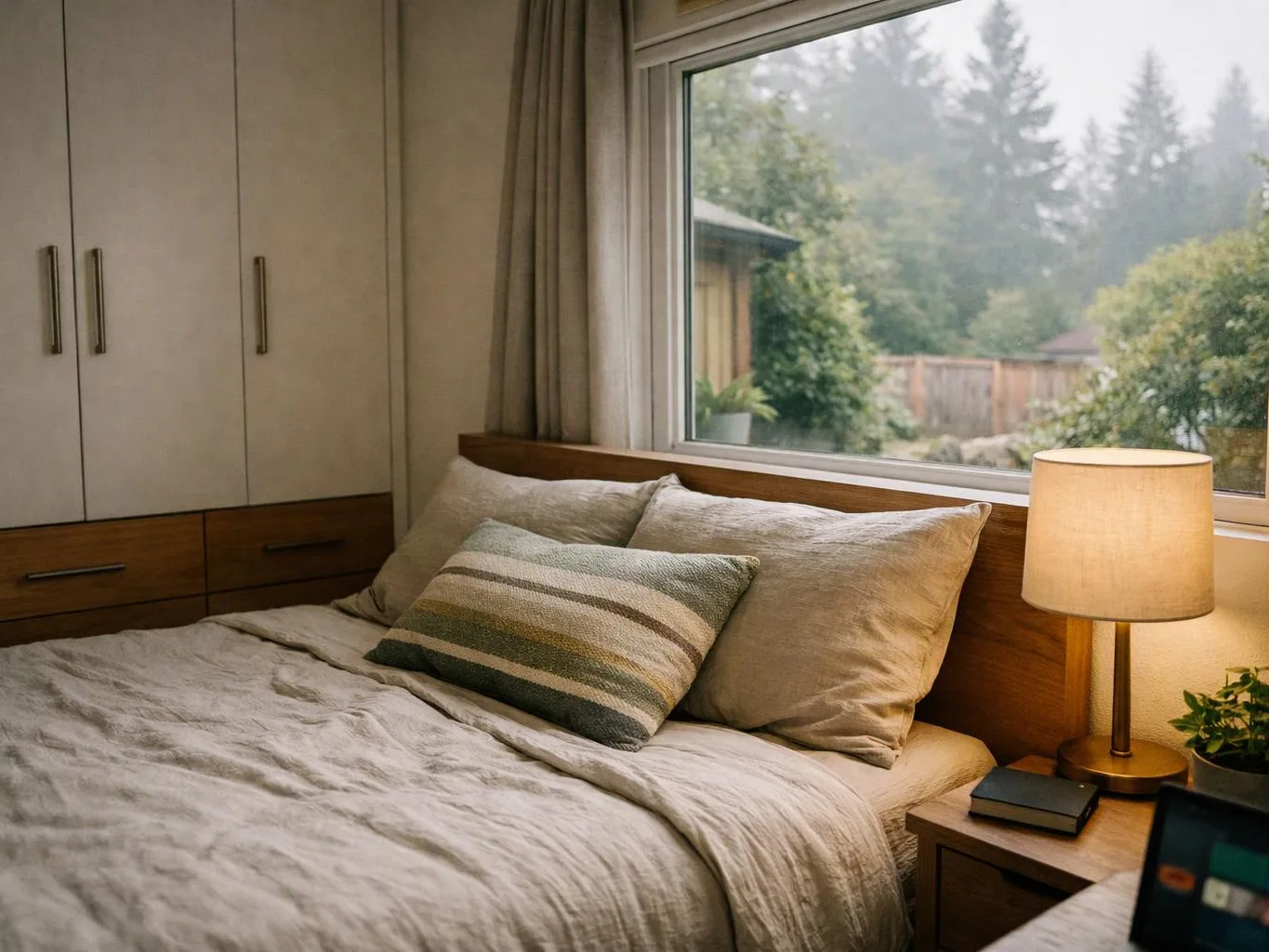 A cozy bedroom shows an unmade bed, a lit lamp, and a rainy garden outside a large window