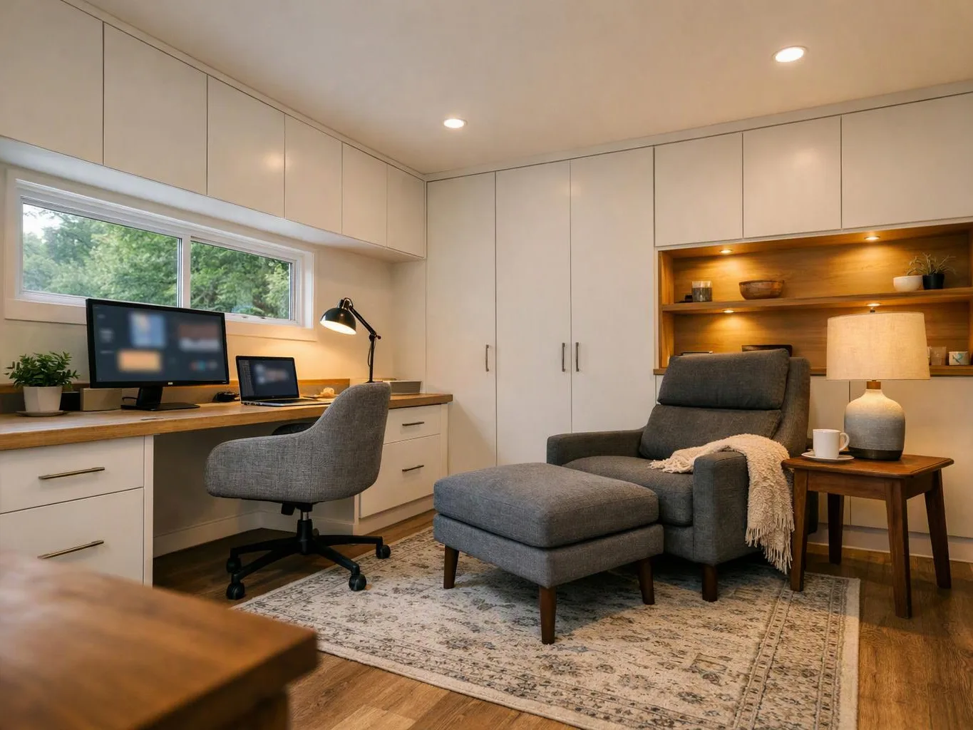 A cozy home office shows a desk, gray chair, armchair, ottoman, lamp, shelves, and a window