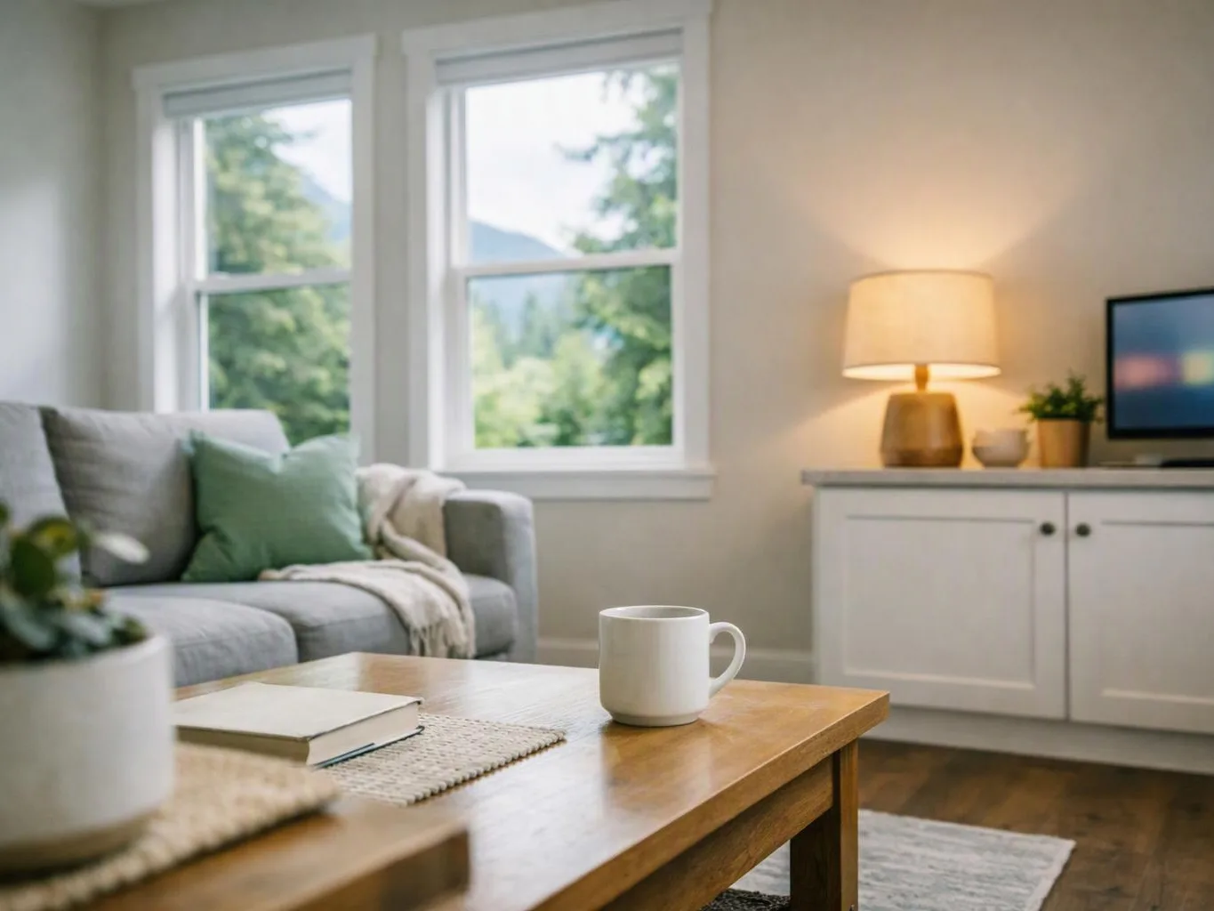 A cozy living room shows a gray sofa, wooden coffee table, lit lamp, and windows with trees outside