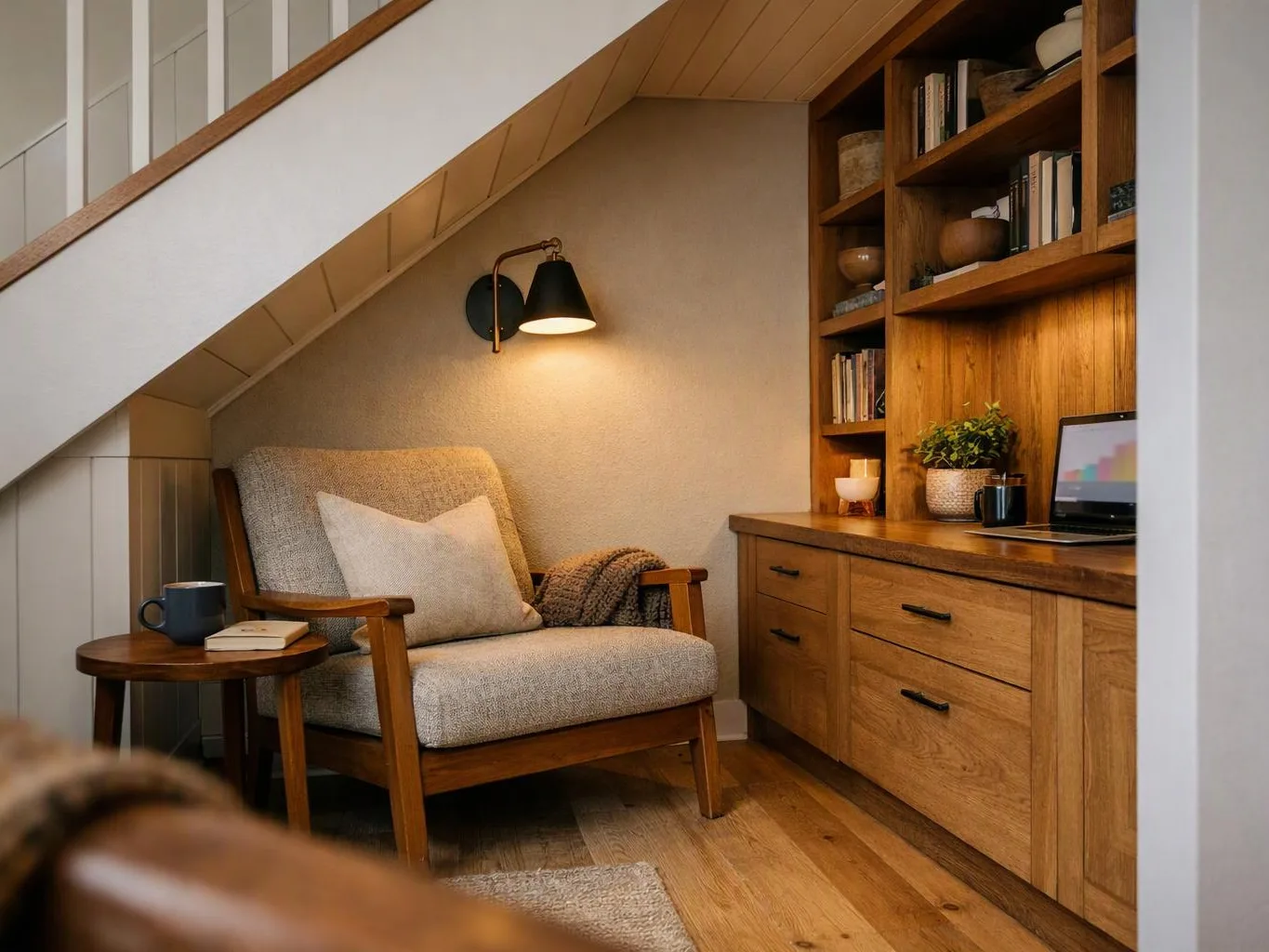 A cozy reading nook sits under a staircase, with an armchair, side table, built-in shelves, and a desk lit by a wall lamp