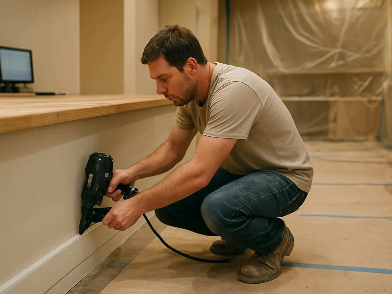 A crouching man uses a power nail gun on a wall inside a room under renovation
