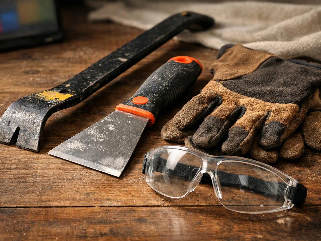 A crowbar, putty knife, work gloves, and safety glasses rest on a worn wooden workbench