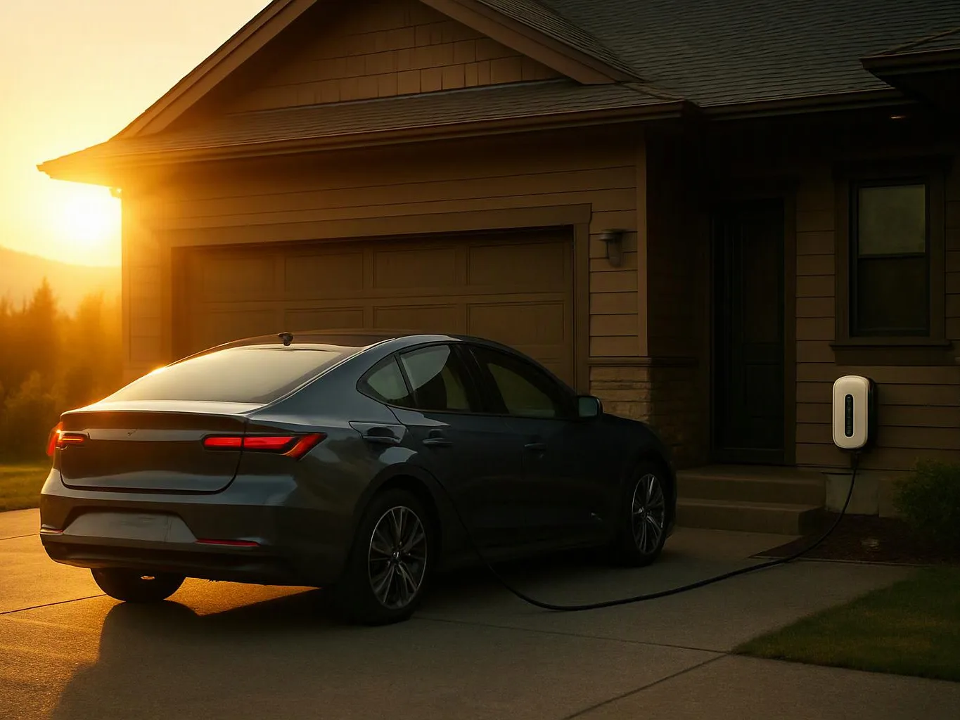A dark sedan sits in a driveway beside a house, plugged into a wall charger at sunset