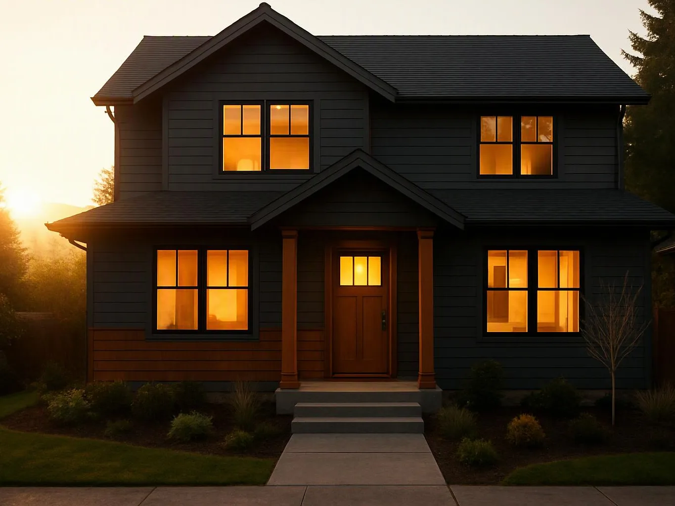 A dark two-story house with glowing windows stands at sunset, framed by a front path and small shrubs