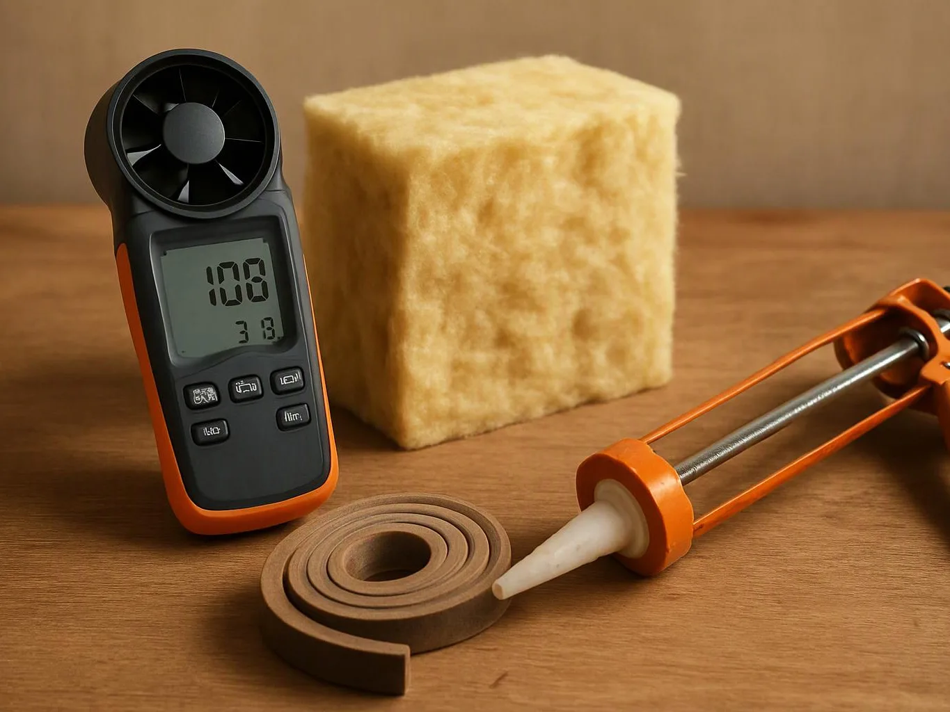 A digital meter, a wool cube, a caulking gun, and a coiled strip sit on a wooden table