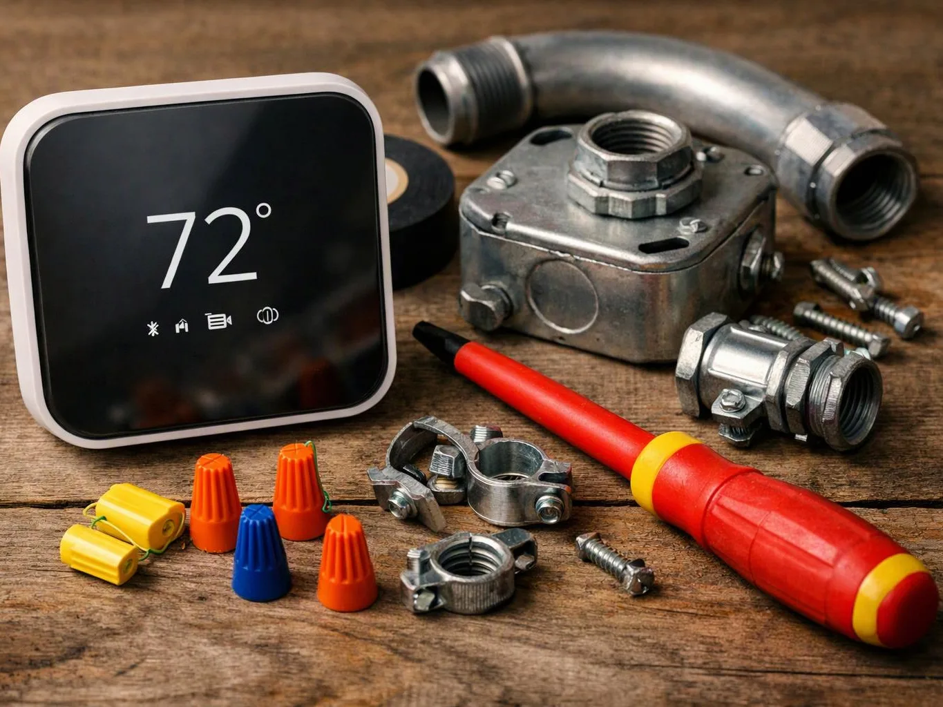 A digital thermostat sits beside electrical wiring parts, metal fittings, screws