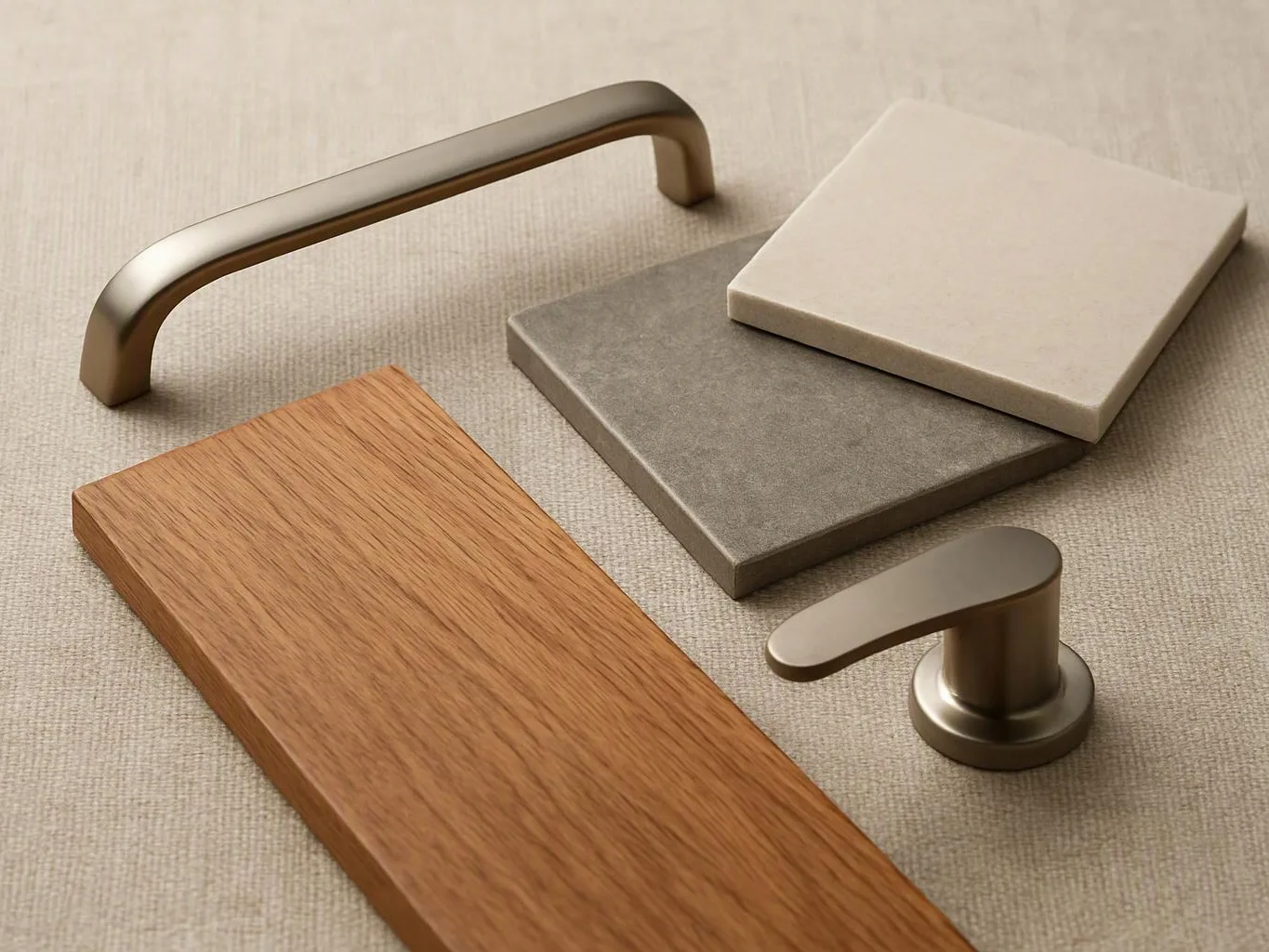 Four cabinet handles and material samples rest on a beige fabric surface